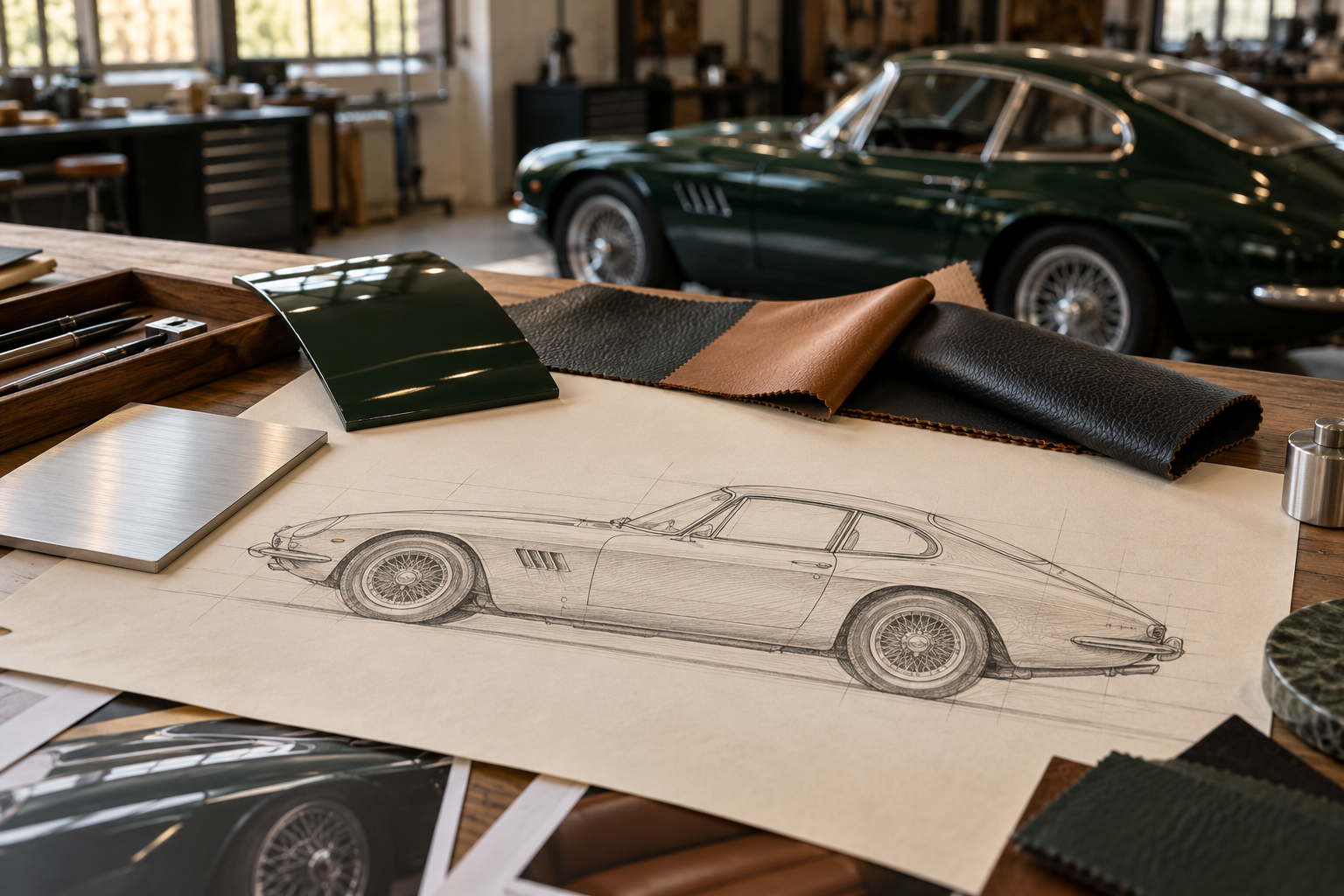 Projet automobile sur une table de travail, dessin et échantillons de cuir et de peinture