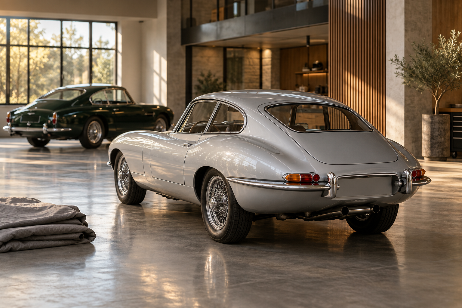 Rendu d’ambiance automobile, coupés de collection à l’abri